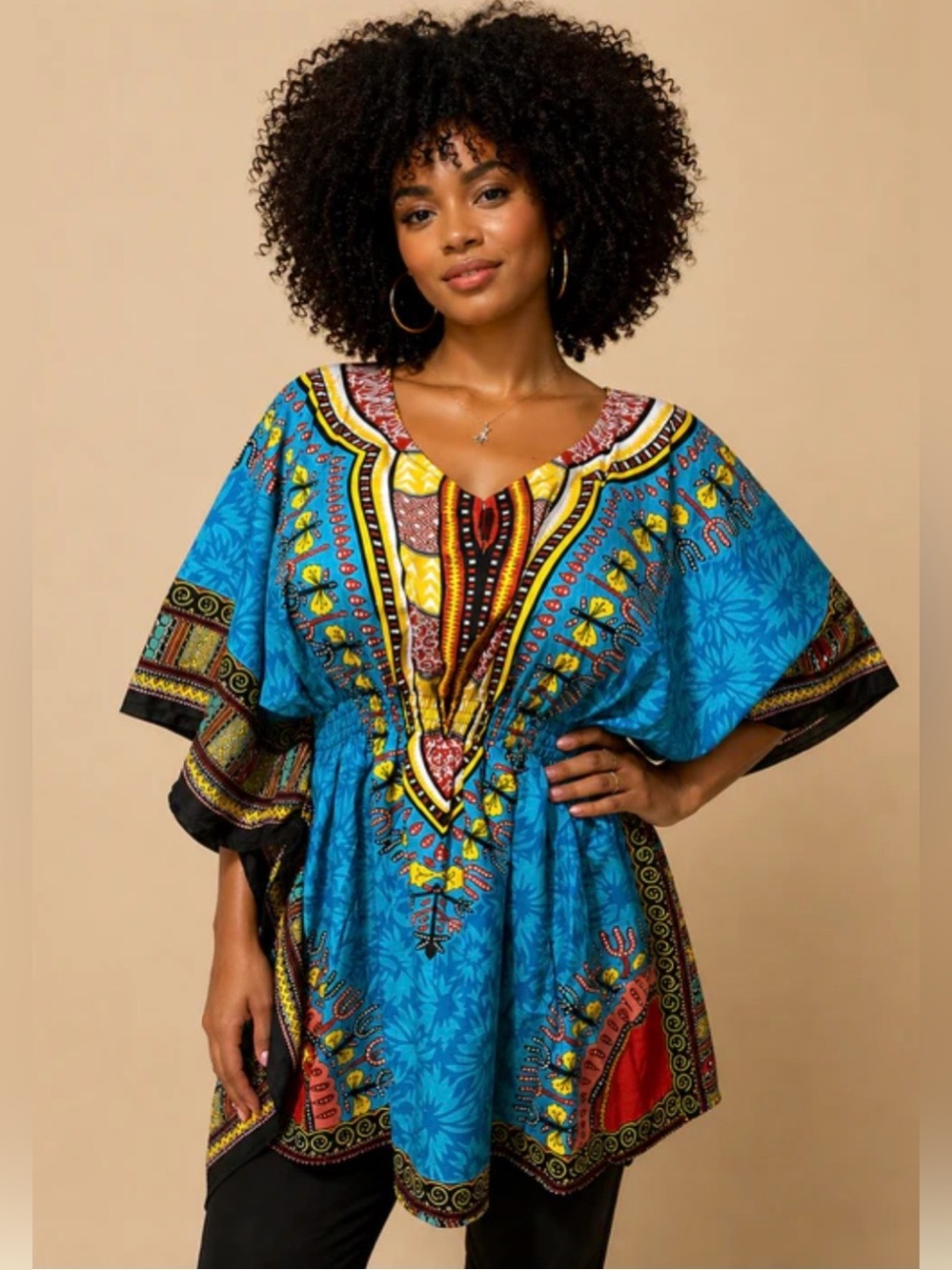 Jessica Taylor Vibrant Turquoise Boho V-Neck Tunic Hippie Retro Top Size Medium